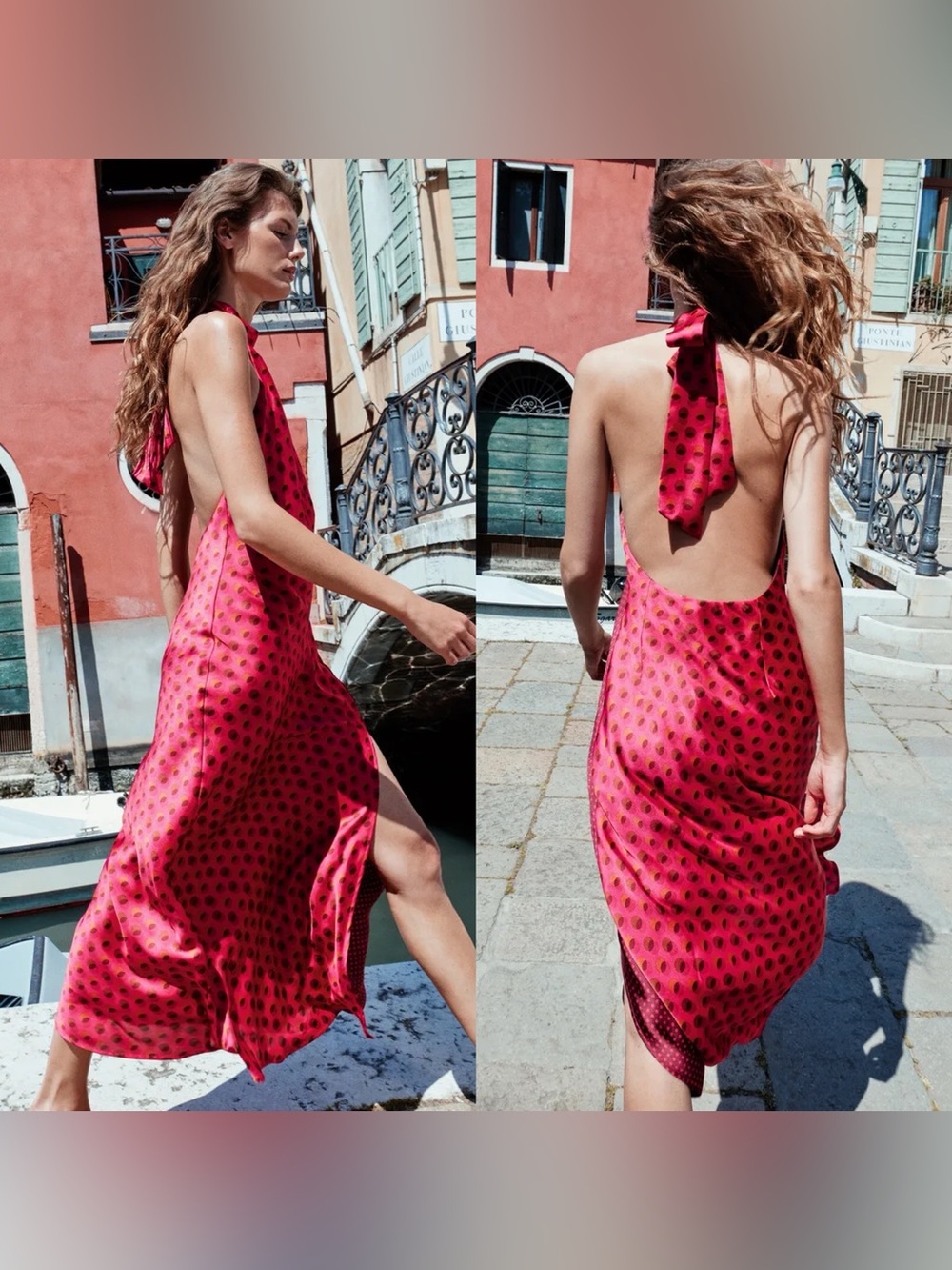 Zara Midi Halter Dress Backless Halter Pink Polka-Dot Slip Dress with Slit NWOT